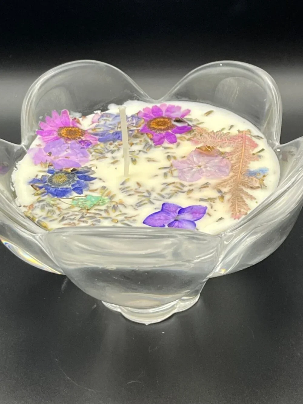 Floral Pedestal Glass Bowl Candle with Lavender and Pressed Botanicals
